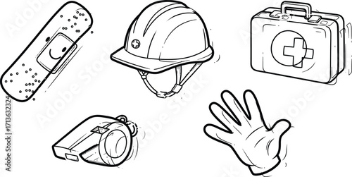 A collection of safety and first aid items including a bandage helmet kit whistle and glove in black and white