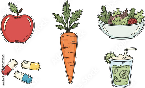 Illustration of an apple, carrot, salad, pills and a drink representing healthy lifestyle choices
