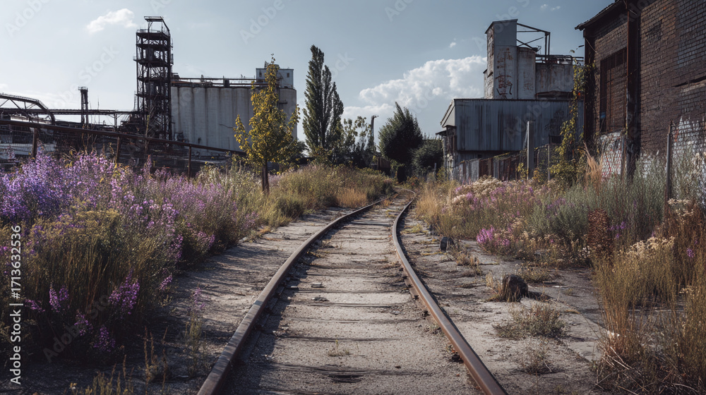 Fototapeta premium Overgrown railway track leading to industrial buildings under a cloudy sky outdoors