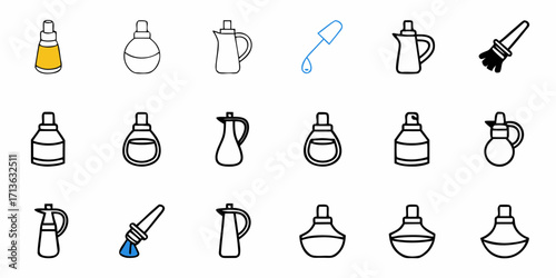 Collection of various bottles and containers including pitchers and dropper in a line art style