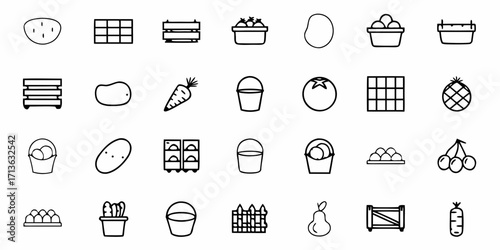 Collection of outline icons depicting agricultural products and equipment in black and white style