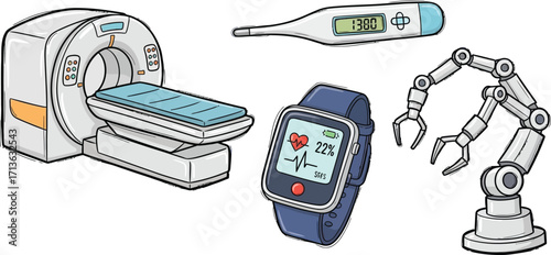 A collection of medical technology including a cat scan, thermometer, smartwatch and surgical robot arm