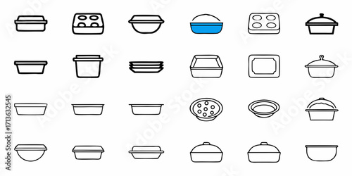 A collection of various kitchen containers and dishes in simple outline designs displayed in a grid pattern