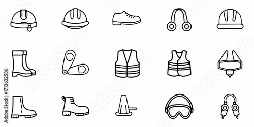 Outline icons depicting various safety equipment including helmets vests boots and eye and ear protection gear