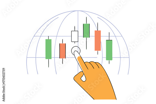 Analyzing global markets with dynamic stock chart and hand interaction, ideal for finance presentations showcasing investment trends and data insights