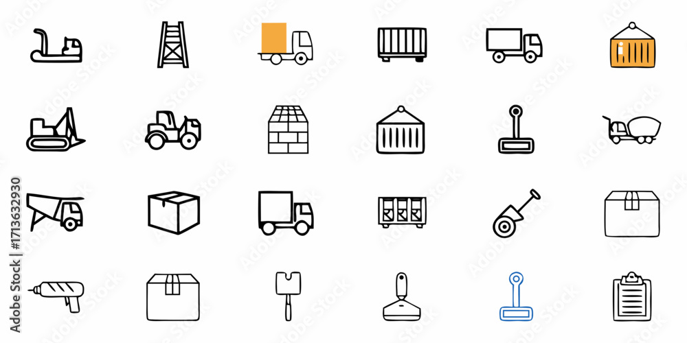 Fototapeta premium Illustration showing construction and shipping equipment including trucks containers and tools