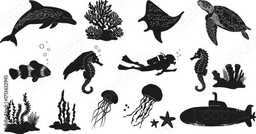 Black and white marine life vector illustration with dolphin, sea turtle, manta ray, coral reef, scuba diver, seahorses, jellyfish, submarine