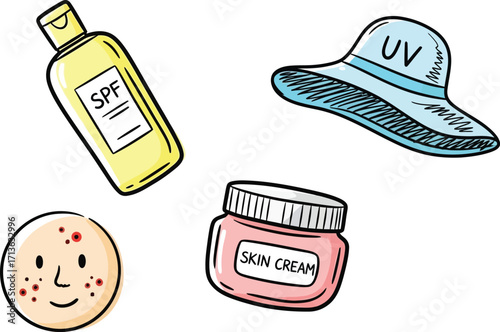 Illustration of skincare products including sunscreen cream and a uv hat with a face with acne