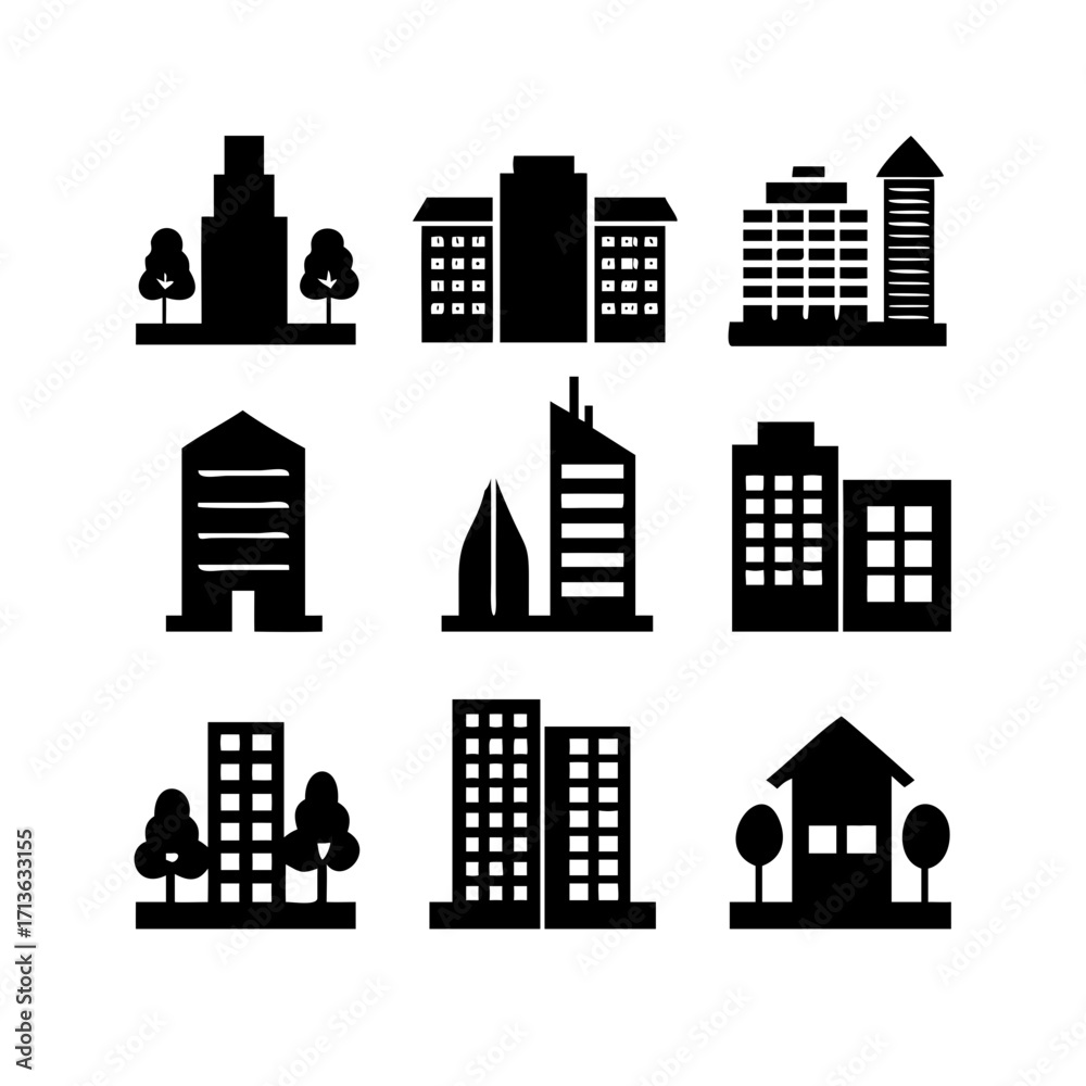 Fototapeta premium Vector art of collection of nine black building icons representing different architectural styles, isolated on a