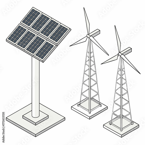 Vector art of isometric illustration of a solar panel and two wind turbines