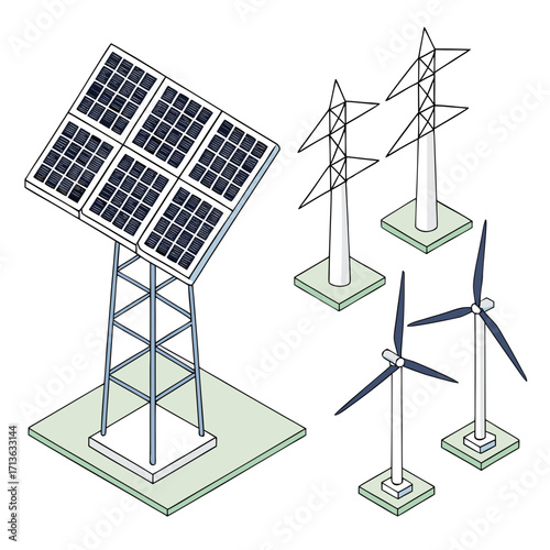 Vector art of isometric illustration of solar panel and wind turbines