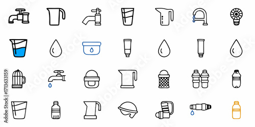 Collection of water related icons including faucets, containers, and water drops in simple line art