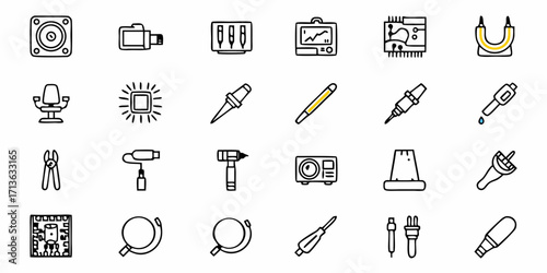 Illustration of electronic components and tools including speaker oscilloscope and soldering iron equipment
