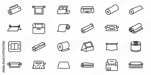 Illustration of various paper towel holders, dispensers, and paper rolls in a line art style