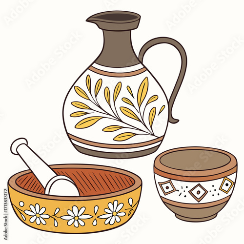 Vector art of traditional ceramic mortar and pestle, jug, and bowl with decorative floral patterns