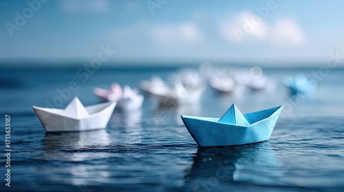 Blue Origami Paper Boat Floating on Water Surface with Soft Focus Background and Bright Lighting Emphasizing Serenity and Simplicity for Conceptual Imagery