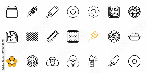 Collection of various food and cooking related icons in a minimalist black and white outline style image