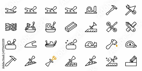 Collection of carpentry and masonry tools including planes hammers trowels and other construction equipment icons