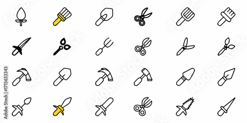 Illustration of various gardening and hand tools including shovels shears and different types of knives