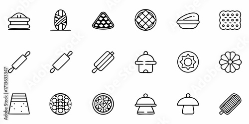 Collection of bakery and cooking related icons including pies rolling pins and other food items arranged nicely