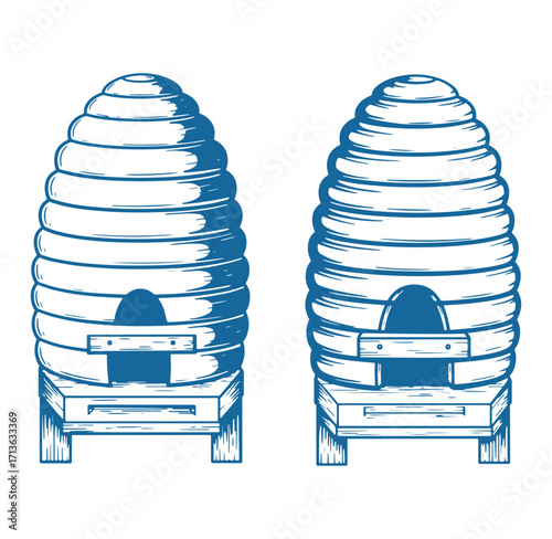 Two detailed blue engraved beehives on white background for apiary and beekeeping concepts