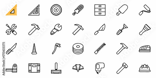 Collection of construction and repair tools including hammer wrench level and more in a line art style