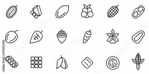 Collection of various food items including fruits vegetables and grains in a simple line art style design
