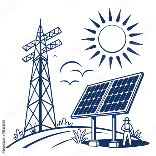 Vector art of solar panel and power line illustration with sun and worker