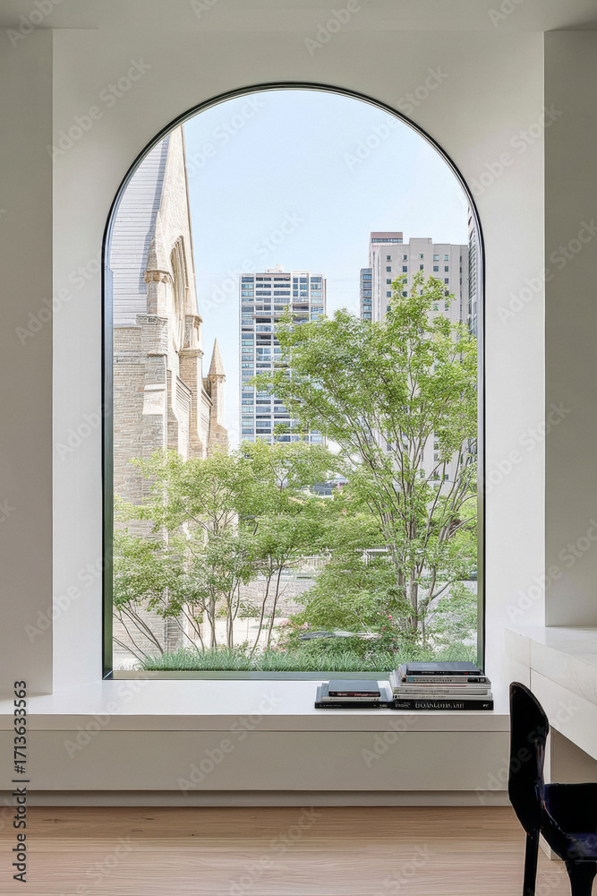Fototapeta premium Modern interior with large window showcasing city skyline and trees in urban setting