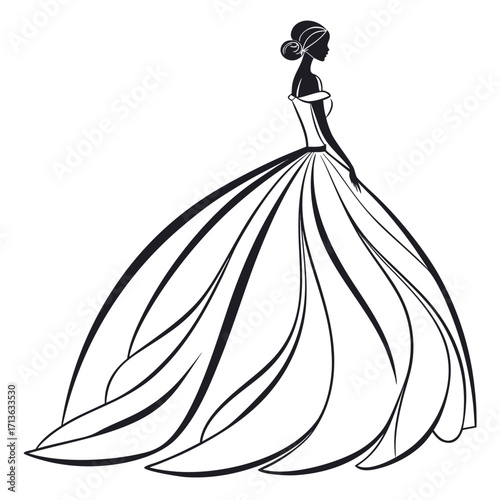 Vector art of silhouette of a woman in a flowing ball gown, elegant and timeless
