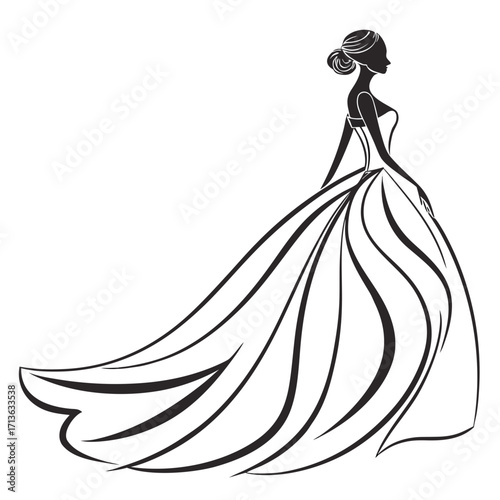 Vector art of silhouette of a bride in a flowing wedding dress