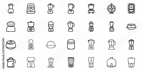 Collection of various kitchen appliances including blenders kettles and food processors in outline style