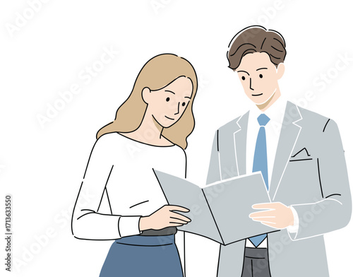 Businessman and woman reviewing document together, professional discussion, team collaboration, office partnership, contract analysis