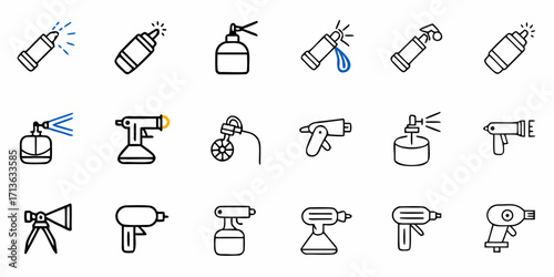 Various sprayers and dispensers in black outline with some blue accents on a white background layout