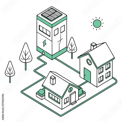 Vector art of isometric illustration of a sustainable energy system powering homes and a tall building with solar panels