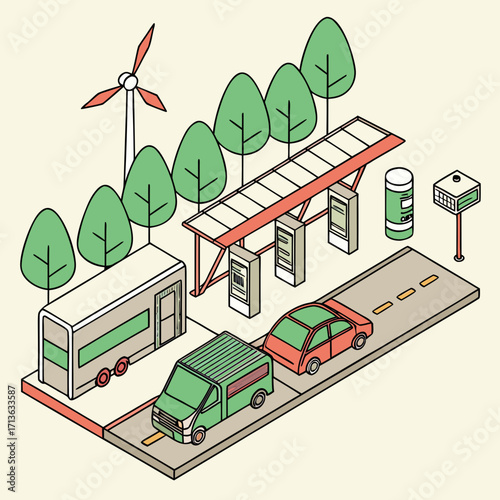 Vector art of isometric illustration of a sustainable city scene with a bus stop, electric vehicles, trees, and a wind turbine, representing ecofriendly urban living