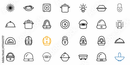 Collection of assorted line drawing icons featuring kitchenware and various other household objects