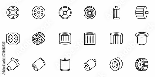 Illustration showing a variety of different types of filter and bearing components in a line art style