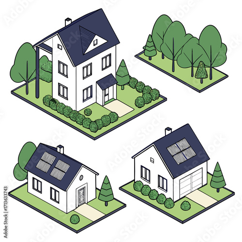 Vector art of isometric illustration of houses with solar panels and trees, symbolizing ecofriendly living and renewable energy