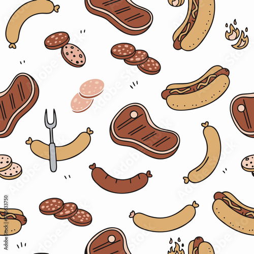 Hand-drawn meat and sausages seamless pattern, Barbecue food doodle background with steak and hot dogs, Vector illustration of grilled meat products pattern.