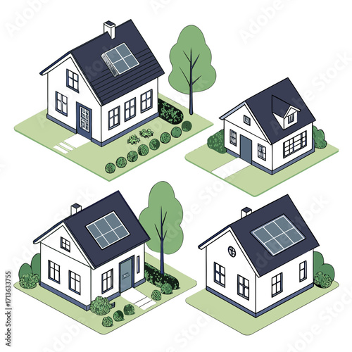 Vector art of set of four isometric houses with solar panels on roofs, representing sustainable energy and ecofriendly living