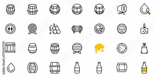 Collection of barrel icons with grapes and bottles in a line art style vector illustration
