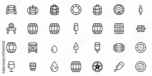 Illustration of various barrel and wine related icons including casks glasses and liquid drops design set
