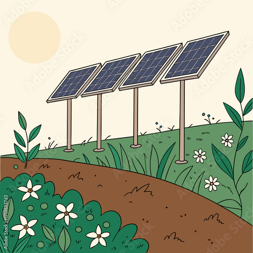Vector art of solar panels on a grassy hill with flowers and a sun in the background, representing renewable energy and sustainability