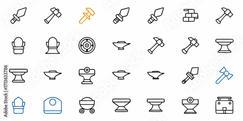 Illustration of various blacksmithing tools including hammers anvils and weapons in a simple line art style