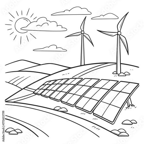 Vector art of drawn illustration of solar panels and wind turbines in a landscape under a sunny sky with clouds