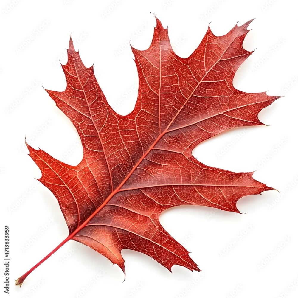 Naklejka premium Scarlet Oak Leaf Striking Botanical Foliage with Deeply Lobed Shape Rich Green Surface Prominent Vein Patterns Natural Minimal Elegance and Fresh Organic Beauty on White Background