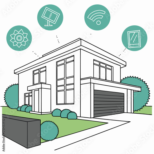 Illustration of a modern house with smart home technology icons