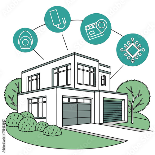 Vector art of smart home technology concept with connected devices and a modern house illustration