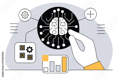 Artificial intelligence concept with hand touching brain icon, perfect for technology, science, and innovation presentations or modern business marketing